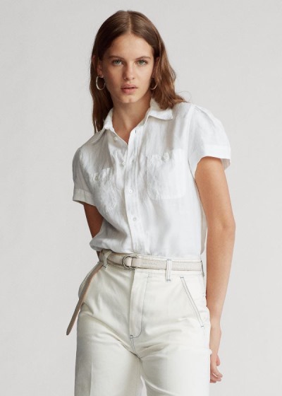 Camisa Polo Ralph Lauren Mujer Blancos - Linen Short-Sleeve - AVLQE3826